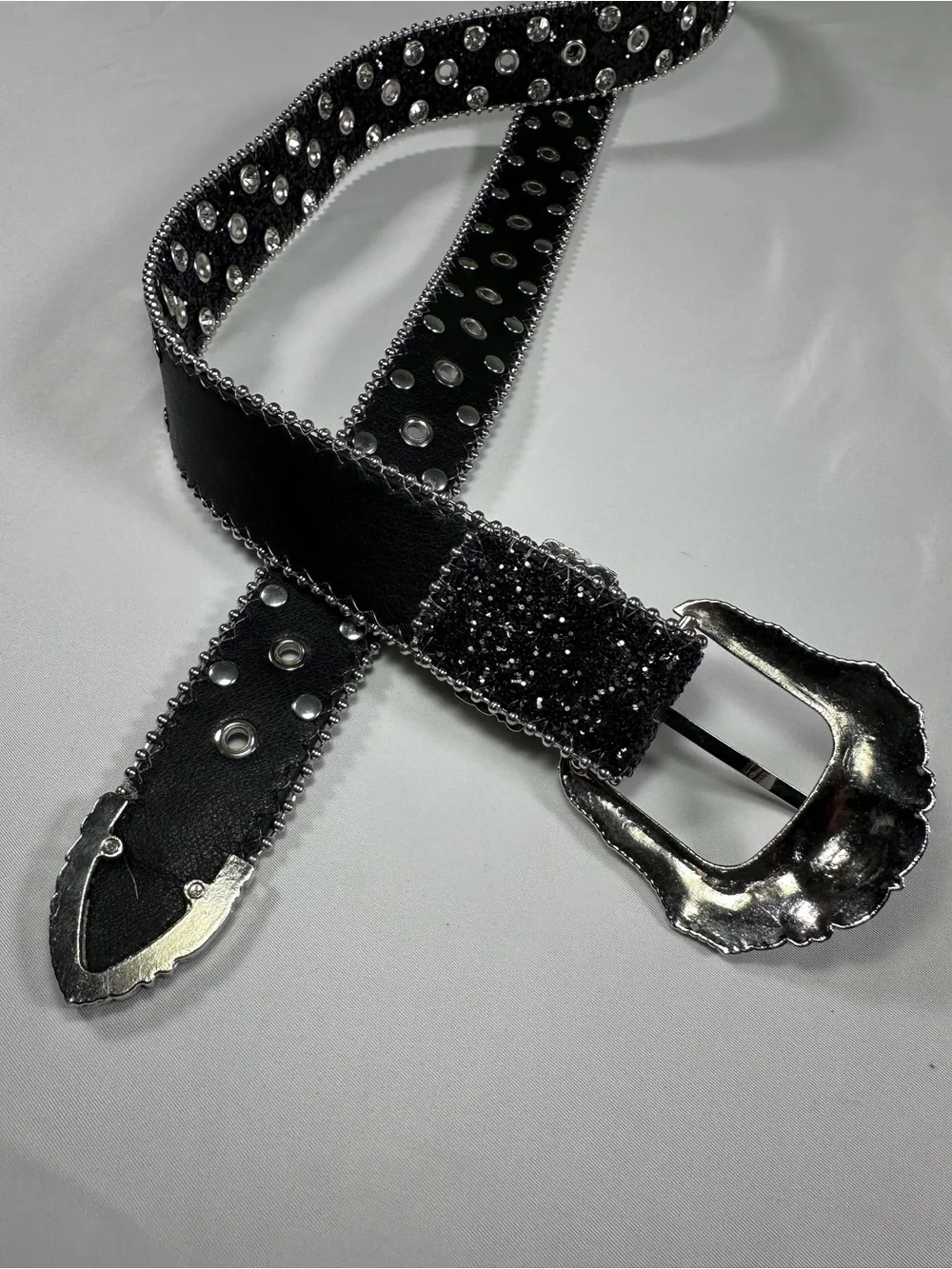 Y2K Black Rhinestone Studded Western Belt - One Size Fits Most (Fully Adjustable